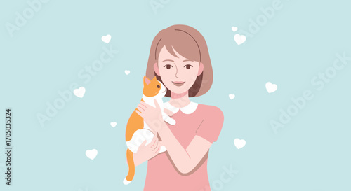 Affectionate Interaction Depicts A Woman Cuddling With Her Adorable Orange And White Cat