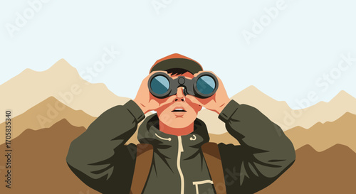A Hiker Observes The Peaks Ahead Through Binoculars Under Fair Weather And Mountainous Scenery