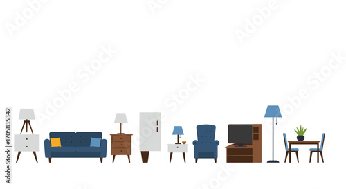 Modern living room furniture set with blue accents on white background