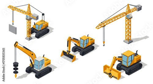 Isometric construction equipment set featuring cranes and excavators