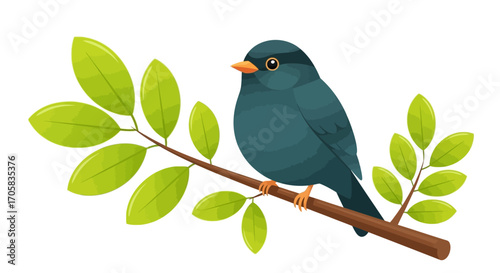 A charming small bird rests peacefully on a leafy branch in bright daylight.