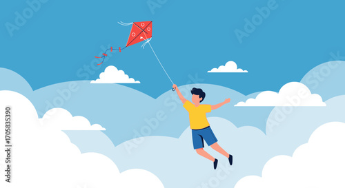 A Joyful Child Flying A Kite Amongst Fluffy Clouds In A Bright Blue Sky