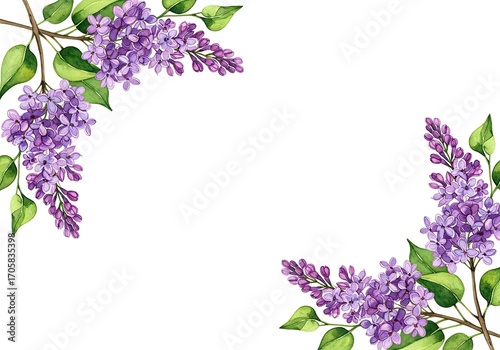 Watercolor lilac blossom branch corner arrangement on a transparent background