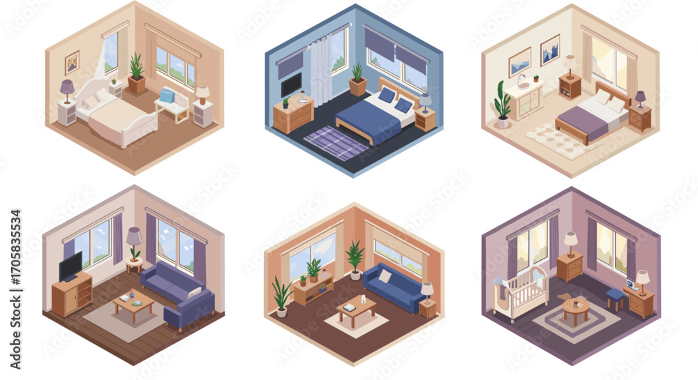 Naklejka premium Isometric room designs: cozy bedroom and living room interiors