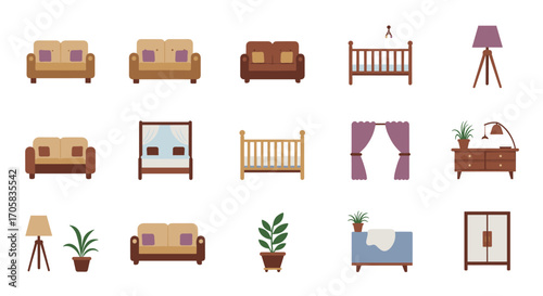 Set of cozy home furniture and decor icons in flat design