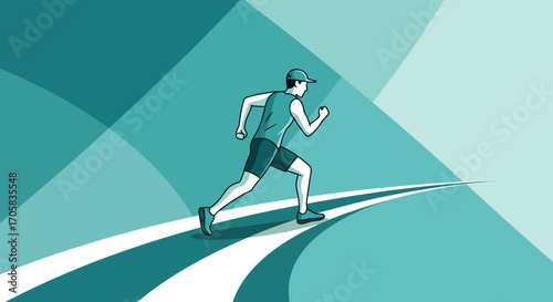 Agile Runner Progressing Forward on Abstract Turquoise Trail with Geometric Elements
