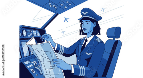 Airline Pilot Checking Navigation Chart Inside Aircraft Cockpit During Flight Operation