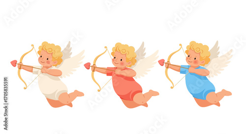 Three adorable cherubs in flight, aiming Cupid's arrows with love and joy.