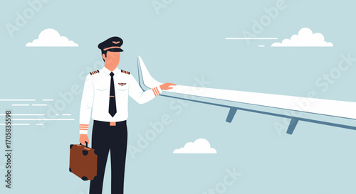 Airline Pilot Inspecting Aircraft Wing Before Flight Illustrative Vector Design