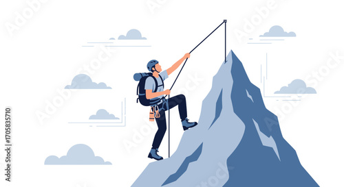 Ambitious Climber Successfully Ascending Mountain Peak Reaching New Heights for Triumphing