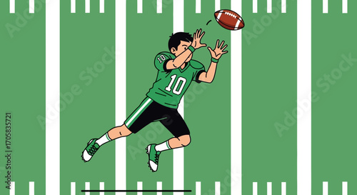 American Football Player Jumping to Catch a Pass on a Field with a Green Background