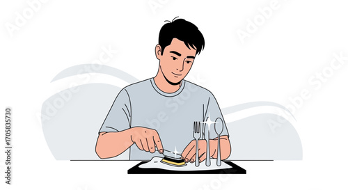 A Man Preparing And Enjoying His Meal At Home With Utensils Illustration