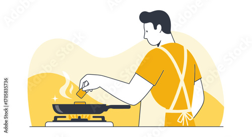 A Man Preparing Food In A Pan On The Stove Vector Illustration For Culinary Related Content