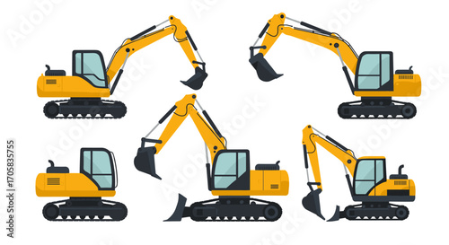 Set of modern flat style yellow excavators in various positions