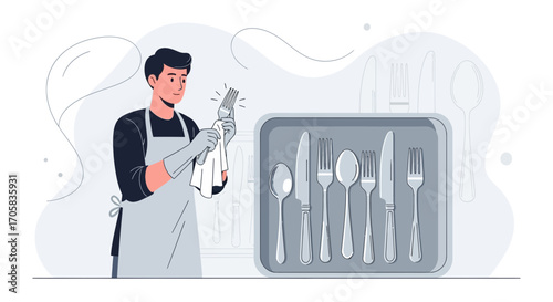 A Meticulous Waiter Polishes A Fork In A Restaurant Setting Preparing Tableware
