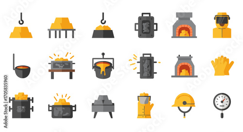 Industrial process icons featuring steel production and safety equipment in flat design