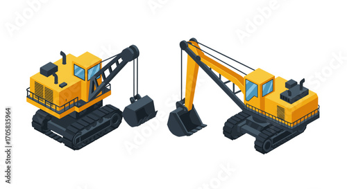 Detailed construction equipment isometric design featuring yellow excavators with shovel attachments