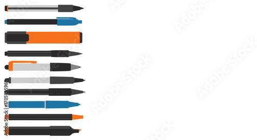 Collection of assorted pens and markers in flat design on white background