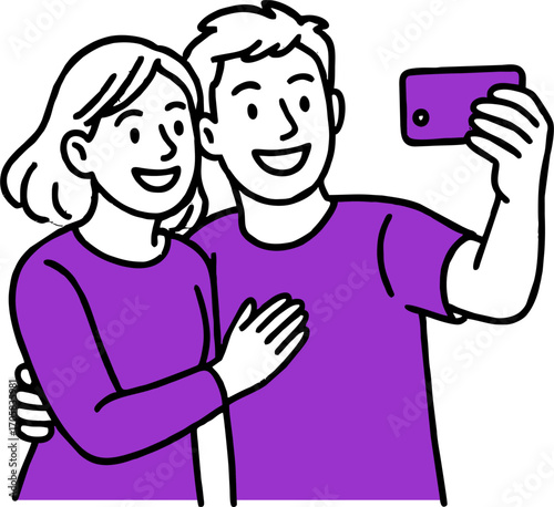 hand drawn style  Flat vector design ilustration happy couple with smartphone taking selfie