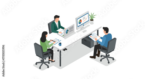 Collaborative office meeting with diverse team analyzing reports in a modern workspace