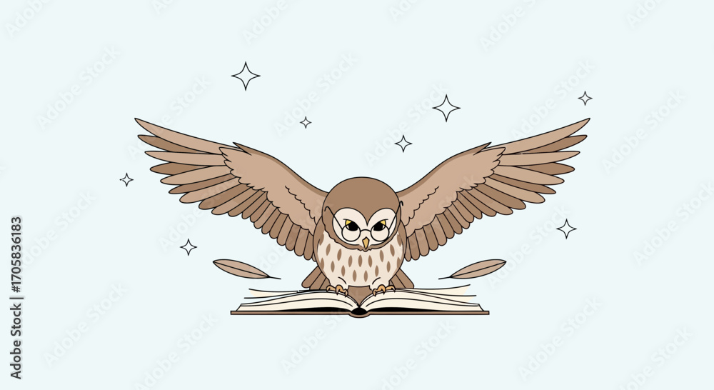 Obraz premium An Owl in Glasses With Open Book, Illustration of Learning and Wisdom Abstract