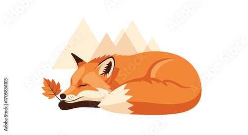 A Peaceful Sleeping Fox With A Leaf And Mountains Vector Illustration Design