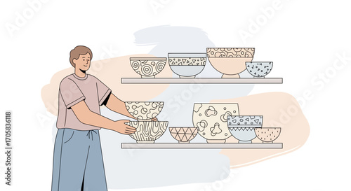A Person Arranging Bowls On Shelves With Delicate Patterned Design Elements