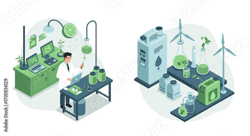 Eco-friendly laboratory and sustainable energy concept in isometric design