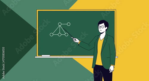 An Illustration Of A Professor Explaining A Complex Diagram On The Blackboard