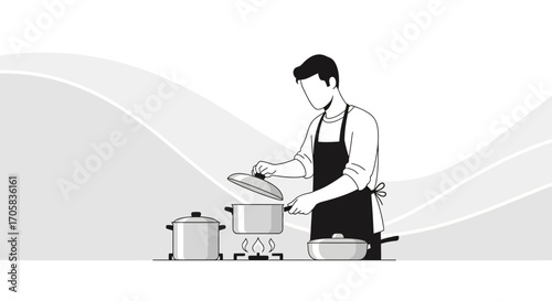 A Person Cooking at Kitchen, Minimalist Monochrome Illustration Suitable For Cookbook