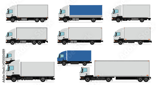 Diverse box trucks collection with various cargo and configurations