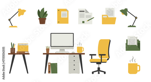 Modern office elements featuring minimalist desk and chair setup in flat design