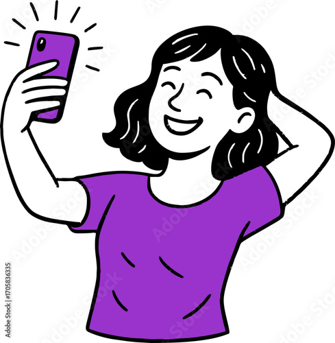  Flat vector design ilustration happy woman with smartphone taking selfie