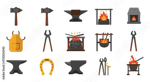 Blacksmith tools and forge icons set in flat style