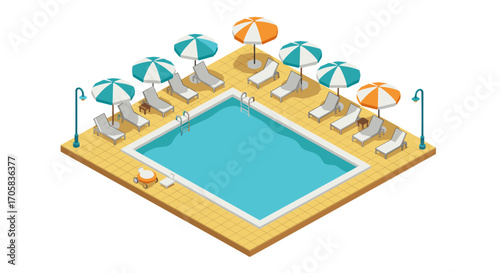 Isometric poolside oasis with lounge chairs and umbrellas
