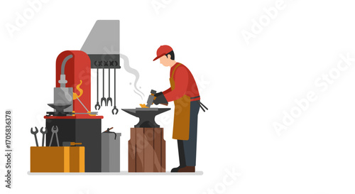 Blacksmith workshop scene in flat design with worker at anvil