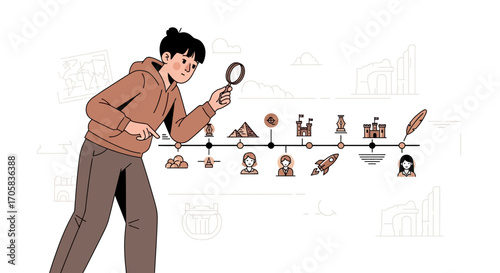 Analyzing History: A Young Researcher Investigates Timeline Of Events With Magnifying Glass