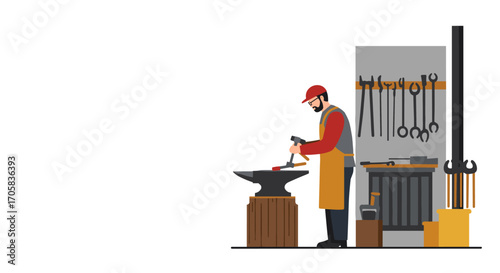 Craftsman working at anvil in workshop with tools and equipment