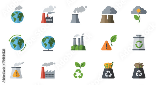 Sustainable energy and environmental impact icons with recycling and pollution elements