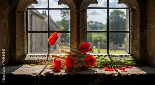 Red Poppies and Green Stalks on a Historic Church Window Sill.