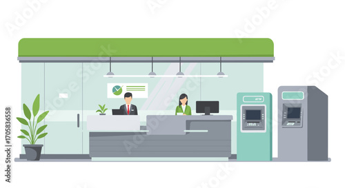 Modern bank interior with counters, atm, and employees in flat design