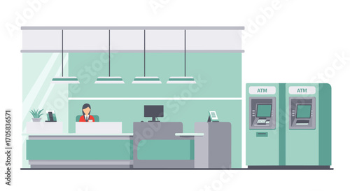 Modern bank interior with teller and atms in flat design
