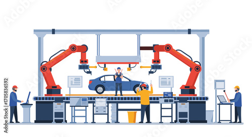 Automobile manufacturing process with robotic arms in modern industry