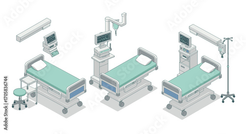 Isometric medical ward scene with modern hospital beds and equipment