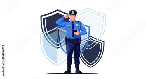 A Policeman Saluting Before Shields, Illustrating Law Enforcement and Civil Protection Practices