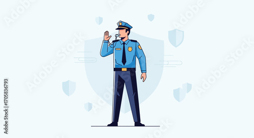 A Policeman Using A Whistle and Gesturing With His Hand in A Digital Illustration