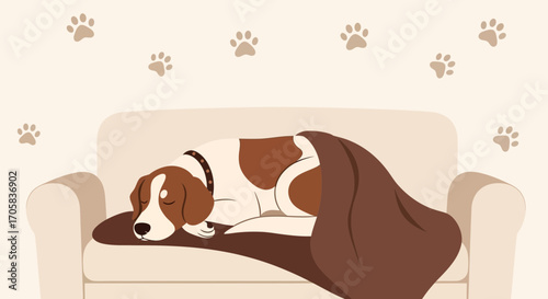 A Relaxed Dog Resting Underneath the Cover on the Couch in A Comfortable Environment