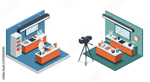 Modern isometric laboratory scene with science equipment and filming setup