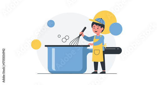 Animated Chef Preparing Food In A Kitchen With Cooking Utensils And Bubble Effects