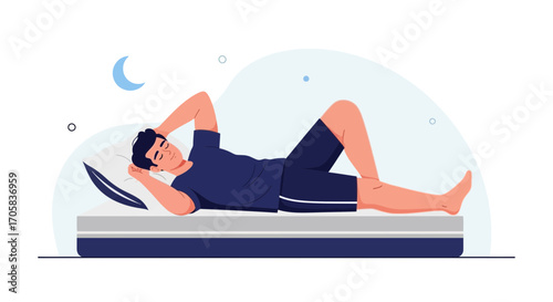 A Relaxed Person Lying on Bed, Enjoying Peaceful Nights and Good Sleep, Vector Illustration